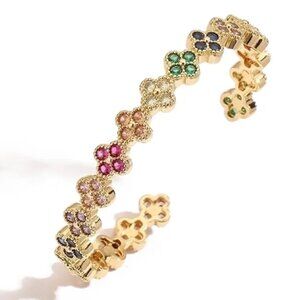 Elegant Clover Design Gold Multi-Color Diamond CZ Bangle Bracelet